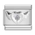 Macro shot of silver modular charm with winged heart design and sparkling center gemstone - Silver Diamond Surface Style (1452)