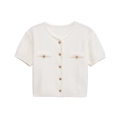 White short-sleeve knit cardigan with golden buttons and a classic round neckline - S / White
