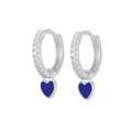 Silver hoop earrings with sparkling white zircons and deep blue enamel heart pendants - Silver-Dark Blue