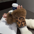 Mitos para mujer con estampado de leopardo de gamuza y puños de felpa suaves - Talla única / Medio Dedo / Marrón Oscuro Medio Dedo