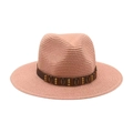 Chapeau de soleil en paille rose à large bord avec bande ethnique et clous dorés - Taille unique / Chapeau de Paille Rose Nude (Bande en Cuir Café)