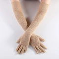 Elegant long beige floral lace gloves for women, over-elbow length with sheer crochet detail - Beige 50cm