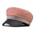 Close-up of pink cotton military cap with rhinestone strap and black faux leather brim - Flash Orange