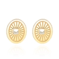 Golden stud earrings with square clear cubic zirconia in a radial gear setting - Gold Sun White Square Stone
