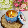Blue tin Christmas scented candle with Santa patterns and dried flower petals - D223 Vanilla