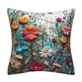Nahaufnahme der 3D-Blumenstickerei auf dekorativem Kissenbezug mit bunten Blüten - 45x45 cm
