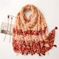 Red and white paisley cotton linen shawl with delicate tassel fringe detail - Orange Red White Paisley Print Tassel