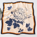 Vintage floral bird print silk square scarf in beige with blue and orange border accents - Flower Bird Pattern - Navy Blue
