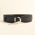 Close-up of a wide black PU leather corset belt with gold metal ring buckle and chain detail - Black