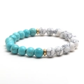 Elastic beaded bracelet with blue turquoise and white marble stones and gold spacers - Blue + White 8MM