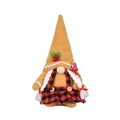 Lebkuchen-Weihnachtszwerg mit gelbem Hut und rot-kariertem Kleid hält eine Zuckerstange - Geflochtener Stil