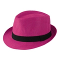 Detail of rose red straw fedora hat featuring a classic black decorative ribbon band - Adult Size (Approx 58cm) / Solid Linen-Rose Red