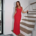 Detail of red halter neck maxi dress with slim fit knit texture and elegant floor length - S / Red