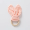 Pink cotton gauze rabbit ear teether toy with natural wooden ring for infants - Light Pink