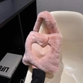 Chic pink plush heart-shaped handbag with a soft faux fur texture for women - Red Bean Pink