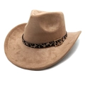 Khaki faux suede western cowboy hat with leopard print belt and golden metal buckle - Khaki / M (56-58cm)
