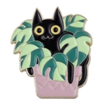 Enamel pin featuring a black cat hiding in a green potted plant with gold metal edges - Black Cat in Green Potted Plant