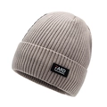 Thick beige knit beanie for men with FARD logo patch and ribbed texture for winter warmth - Khaki