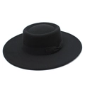 Detail of classic black wool felt flat top boater hat with silk ribbon bow decoration - M (56-58cm) / Black
