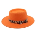 Detailed texture of orange woven boater hat featuring a stylish leopard print ribbon bow - M (56-58cm) / Orange