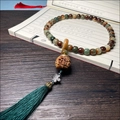 Carved cat claw bodhi seed bracelet with multi-color jade beads and green silk tassel - Hand-held Dunhuang Color Old Style (Sandalwood Lantern)