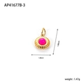 Detailed view of round gold pendant with rose red stone showing dimensions 1.86cm by 1.08cm - Rose Red