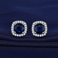 S925 silver stud earrings featuring deep blue center stone with halo zircon setting - One-carat Blue Diamond Square Bag Earrings Led-74