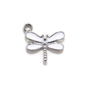 Silver dragonfly charm with white glitter enamel wings and circular ring connector - White UV Silver Plated