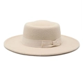 Elegant beige flat top wool boater hat with matching grosgrain ribbon and side bow detail - M (56-58cm) / Beige