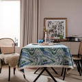 Rectangle tablecloth featuring blue and green marble patterns with decorative tassel edges - Jacquard Green Ink White Tassel