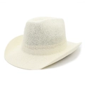 Close-up of a cream woven straw cowboy hat with a classic wide brim and pinched crown - Creamy White