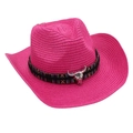Detail of rose pink straw cowboy hat with ethnic band and silver bull skull ornament - Rose Red