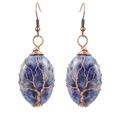 Detail of handmade wire-wrapped tree of life earrings with oval blue crystal stones - Antique Copper + Blue Sodalite