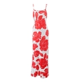 Detailed view of the sleeveless white floral maxi dress with red flowers and thin straps - S / Red Floral