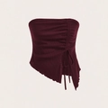 Slim fit burgundy waffle knit tube top with side drawstring and asymmetrical hemline - S / Burgundy