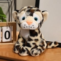 Cute sitting leopard plush toy with brown spots and blue eyes for kids comfort - 17cm / Beige With Brown-Black Spots