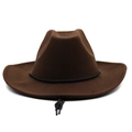 Detail view of dark brown wool felt cowboy hat with woven band and adjustable chin strap - 56-58cm / Coffee