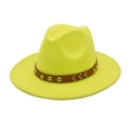 Detail of bright yellow wool fedora hat with brown leather band and silver studs - M (56-58cm) / Neon Yellow
