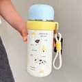 Blue and white cartoon insulated water bottle with cow pattern and carrying strap - 350ml / Blue