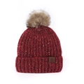 Winter knitted beanie hat in burgundy marl with faux fur pom pom and snowflake patch - One Size / Wine Red