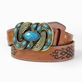Brauner PU-Ledergürtel im Western-Stil mit Vintage-Türkisschnalle und Blumenprägung - Twist-Schnalle / Hellbraun