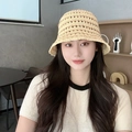 Handcrafted crochet straw bucket hat in cream yellow with delicate hollow lace pattern - L (54cm-58cm) / Khaki Frayed Hollow