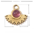 Macro shot of fan-shaped gold pendant with pink stone, showing 14x16mm size and 1.1g weight - VG012