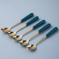 Set of 5 luxury gold stainless steel dessert spoons with dark green ceramic handles - Dark Green - Spoon