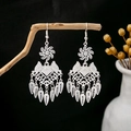 Silver bohemian flower earrings with ethnic hollow pattern and long tassels - Bohemian Style Hollow Style (E3411)