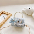 Girls tweed crossbody bag in blue and pink with pearl handle and bow accent - Blue Checkered