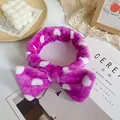 Soft purple plush headband with white polka dots and a large bow for face washing - Purple White Polka Dot