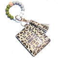 Silicone bead keychain bracelet with leopard print card holder and olive green beads - Yellow Leopard