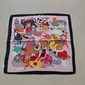 Pink square silk scarf featuring a black border and playful cartoon cat illustrations - Green Cat Handkerchief / 65