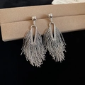 Detailed shot of silver tassel drop earrings with delicate bead chains on a jewelry box - Silver Plated Copper (S925 Silver Pin) / Silver